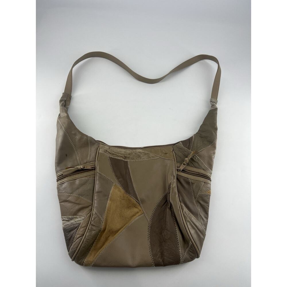 Y2K Patchwork Tan Brown Bag Purse Shoulder Bag Medium Zip Leather Retro
